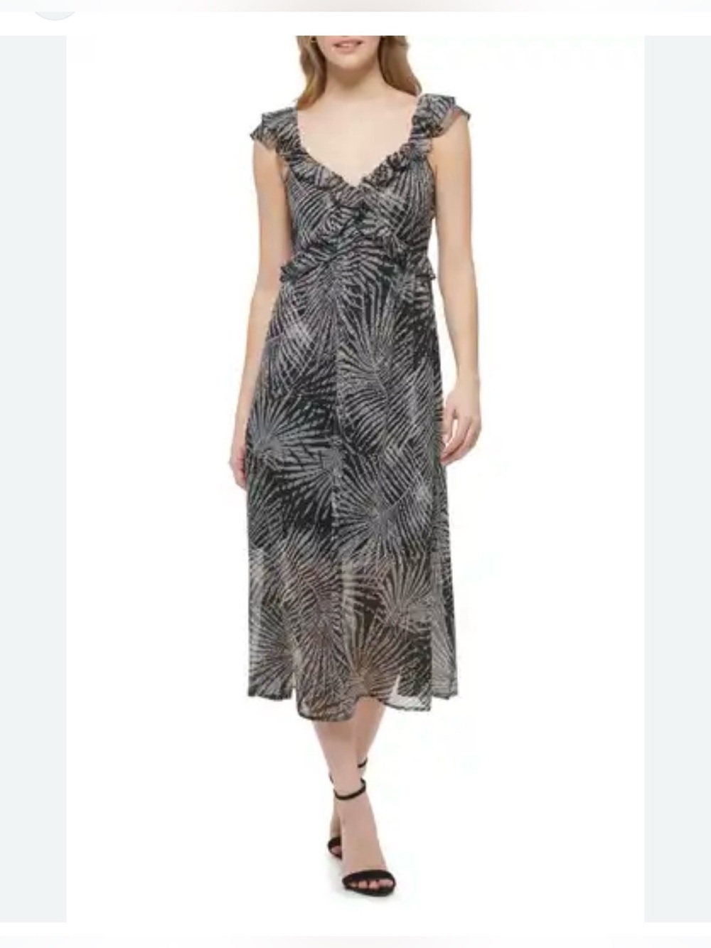 Kensie Black & White Palm-Print Ruffle Midi Dress